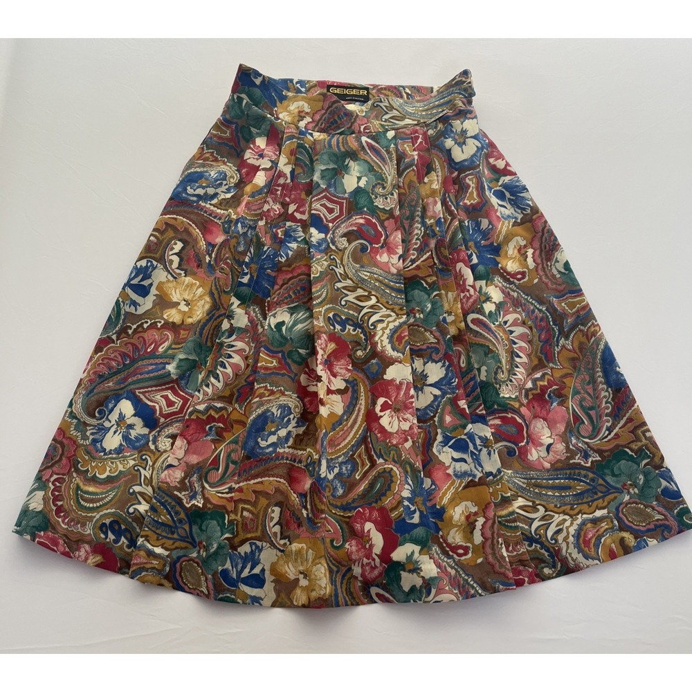 GEIGER Austria Pure Wool Paisley Pleated Lined Midi Skirt EU 38 US 8 Multicolor